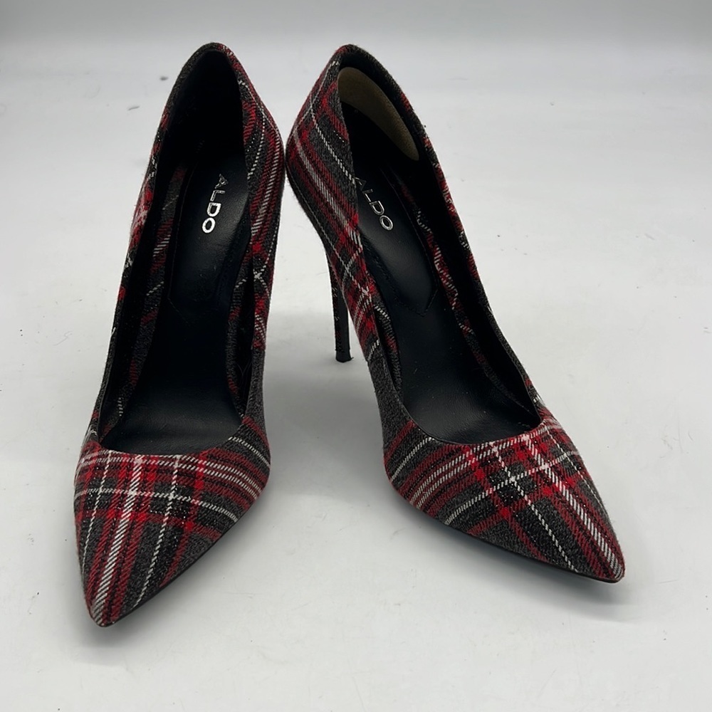 Aldo Red Tartan High Heels with White Racing Stripes size 6